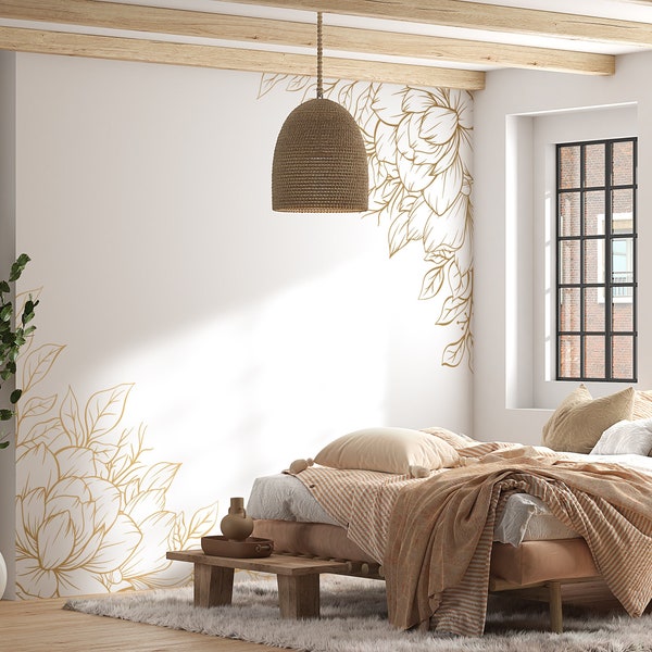 Line Drawing Corner Wall Decals, Accent Floral Line Drawing Corner, Focal Wall Artwork Line Drawing Wall, Apartment Removable Artwork 1032