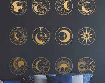 Mystical Sun Moon Wall Decals | Celestial Elements Wall Decals | Man in the Moon | Mystical Wall Art | Headboard Wall Murals | Astrology 221