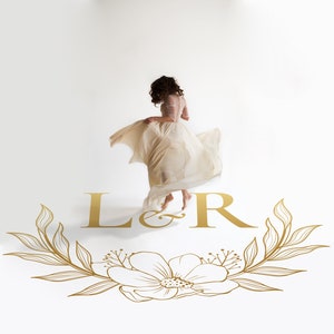 May include: A woman in a white dress twirls in front of a white background with a gold floral design and the letters "L & R" in gold.