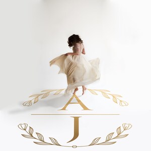 May include: A woman in a white dress twirls on a white background with a gold monogram of the letters "A" and "J" with floral accents.