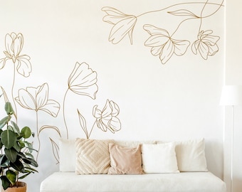 Minimal Line Zeichnung Blumen Ecke Wandtattoos, Akzent Wand Floral Linie Zeichnung, Fokal Wand Kunstwerk, Wohnung Dekor, Schlafzimmer Kunstwerk 1110