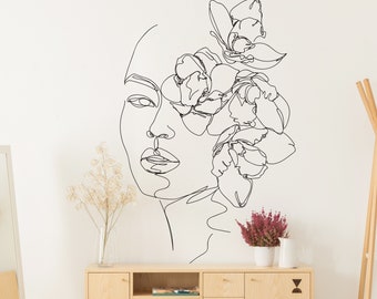 Sticker mural dessin au trait, dessin au trait floral femme, oeuvre d'art murale focale Picasso dessin au trait mural, oeuvre d'art amovible appartement PeelnStick 309