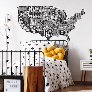Grote kaart muur sticker | Verenigde Staten van Amerika | Staten | Amerikaans wanddecor | Kaart kunst aan de muur | Amerikaanse trots | Kaart van de VS | Muurschildering 269