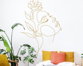 Sticker mural dessin au trait, tête florale, oeuvre d'art murale focale Picasso dessin au trait mural, oeuvre d'art amovible appartement PeelnStick 1086