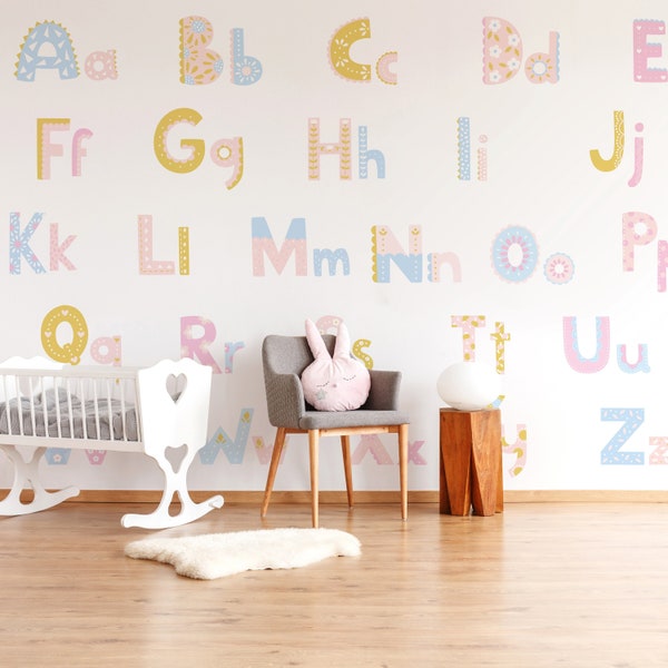 Cute Alphabet Wall Decals, Educational Stickers for Playful Wall, Nursery and Kids Bedrooms Decor, Classroom Wall Decal, Peel and Stick 1122