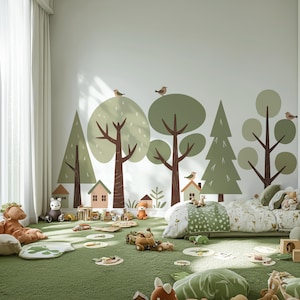 May include: A green and brown woodland themed nursery with a bed, a rug, and a wall mural featuring trees, birds, and houses.