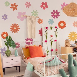 Juego de calcomanías de pared con flores retro y modernas, pegatinas decorativas, flores abstractas modernas en colores pastel, decoración infantil moderna y encantadora 1094
