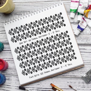 May include: A notebook with a black and white geometric pattern printed on the pages. The text "ONE SET: 66 TRIBAL PATTERN - 2' - 5' TALL" and "TWO SETS: 122 TRIBAL PATTERN - 2' - 5' TALL" is printed on the notebook.