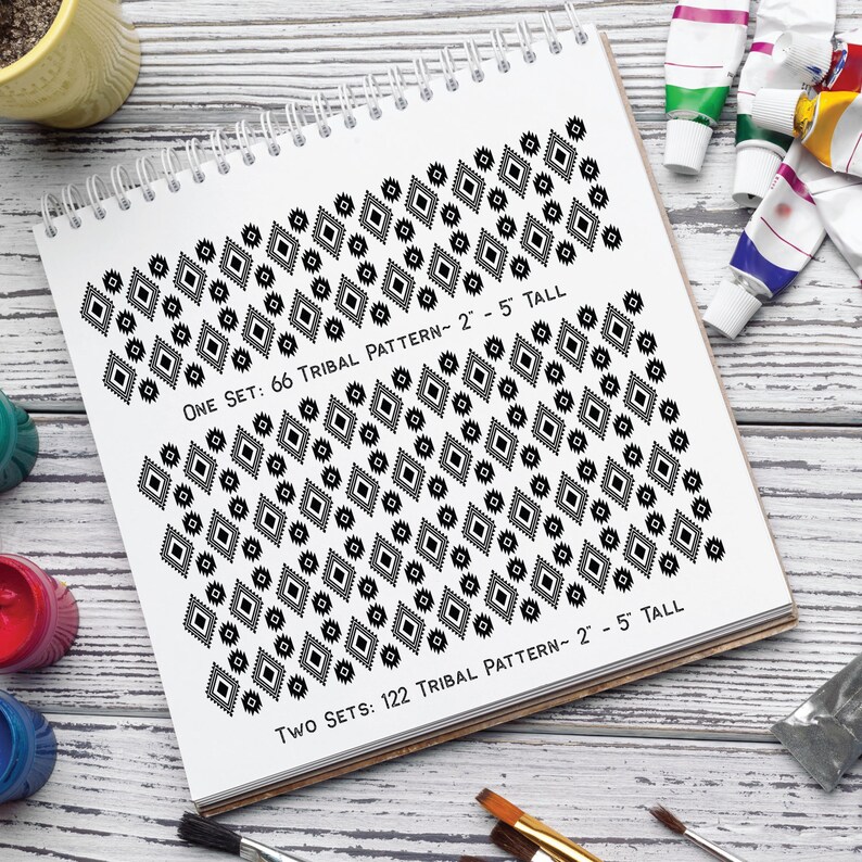May include: A notebook with a black and white geometric pattern printed on the pages. The text "ONE SET: 66 TRIBAL PATTERN - 2' - 5' TALL" and "TWO SETS: 122 TRIBAL PATTERN - 2' - 5' TALL" is printed on the notebook.