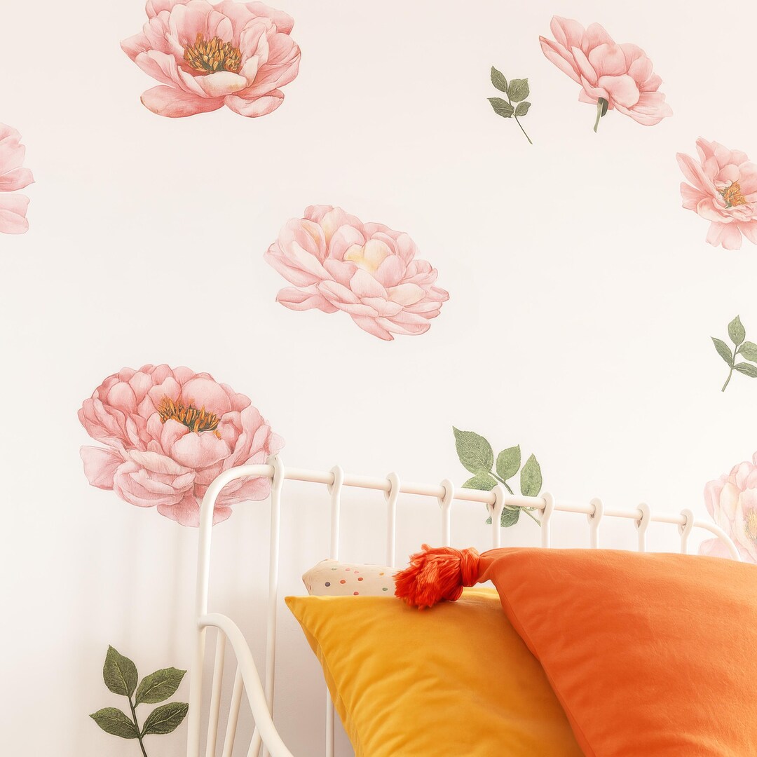 Pink Peony Wall Decals, Watercolor Floral Nursery Stickers, Peel ...
