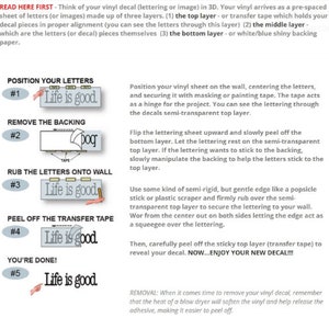 May include: A five-step guide for applying a vinyl decal to a wall. The steps are illustrated with images of the decal, "Life is good", at each stage. The guide includes instructions for positioning, removing the backing, rubbing the letters onto the wall, peeling off the transfer tape, and enjoying the finished product.