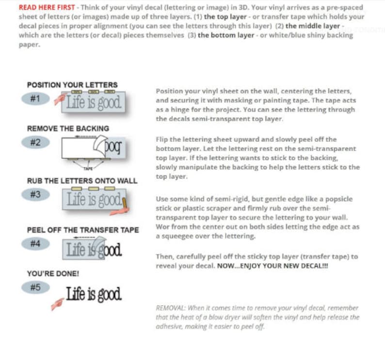 May include: A five-step guide for applying a vinyl decal to a wall. The steps are illustrated with images of the decal, "Life is good", at each stage. The guide includes instructions for positioning, removing the backing, rubbing the letters onto the wall, peeling off the transfer tape, and enjoying the finished product.
