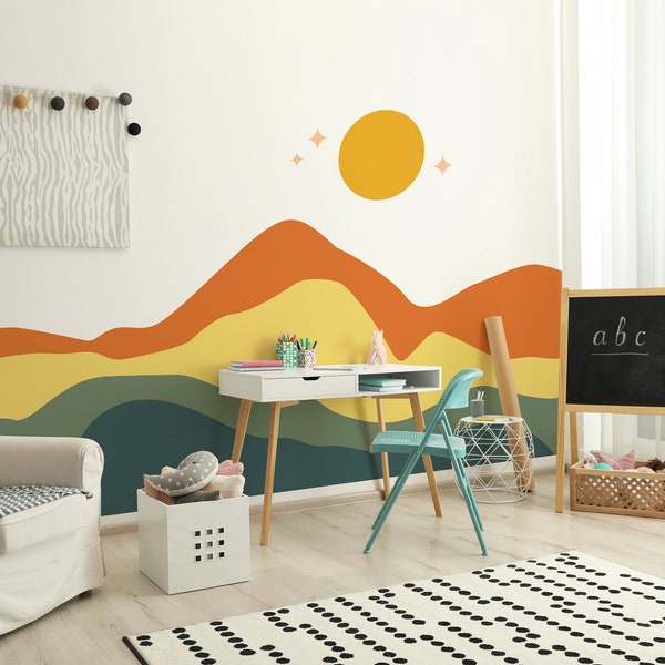 Desert Landscape in Vintage Retro Colors Wall Mural, Nursery Playroom Rolling Hill Wall Mural, Colorful Removable Wall Art Apartment 43