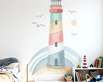 Watercolor Lighthouse Wall Decal, Peel and Stick Coastal Nursery Wall Art, Nautical Kids Room Decor, 3 Sizes