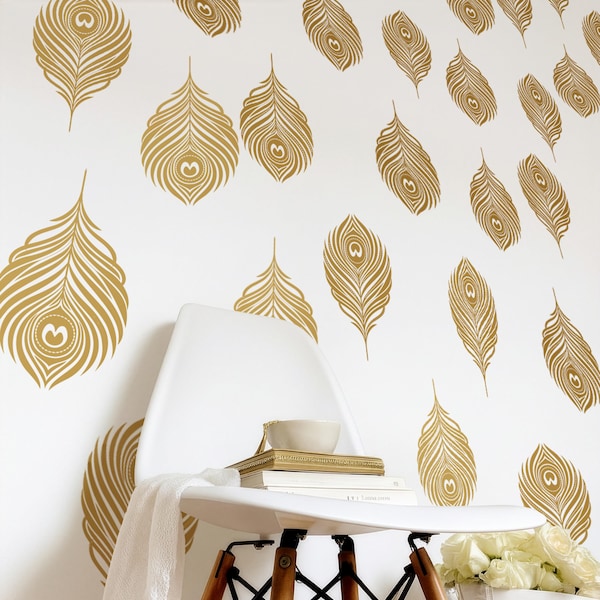 Peacock Feather Wall Decals, Boho Feather Set Stickers, Nursery Bedroom Decor, Choose Color, 18 or 36 Feather Set, Removable Vinyl