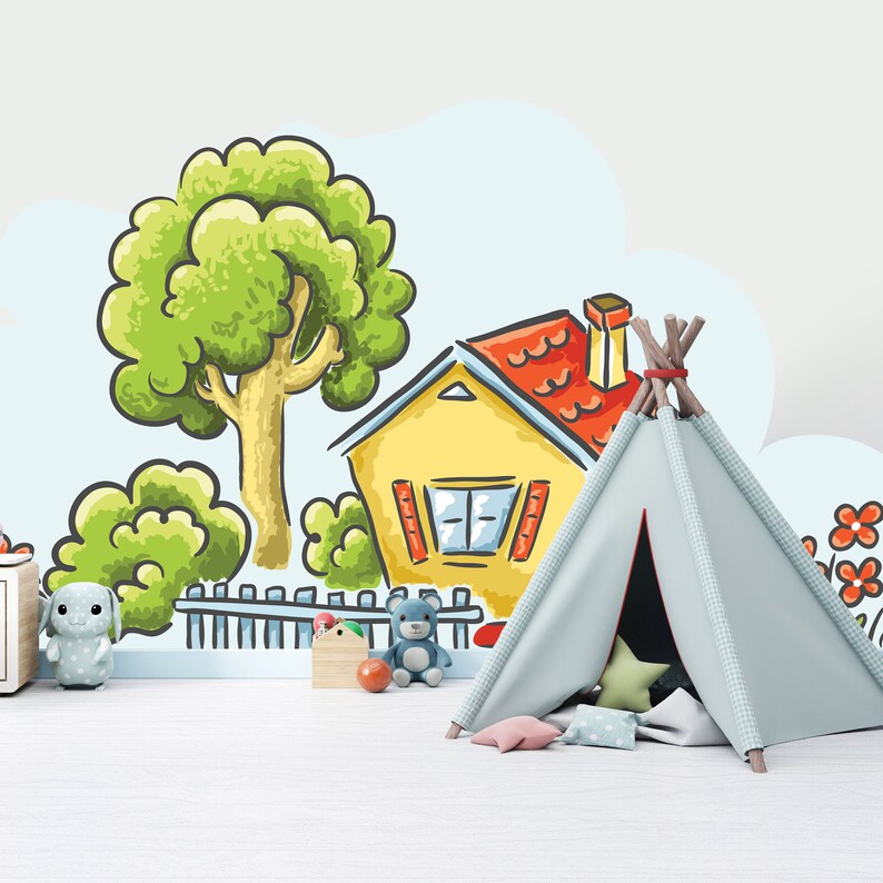 House & Trees Wall Murals Playroom Playhouse Nursery Wall Etsy