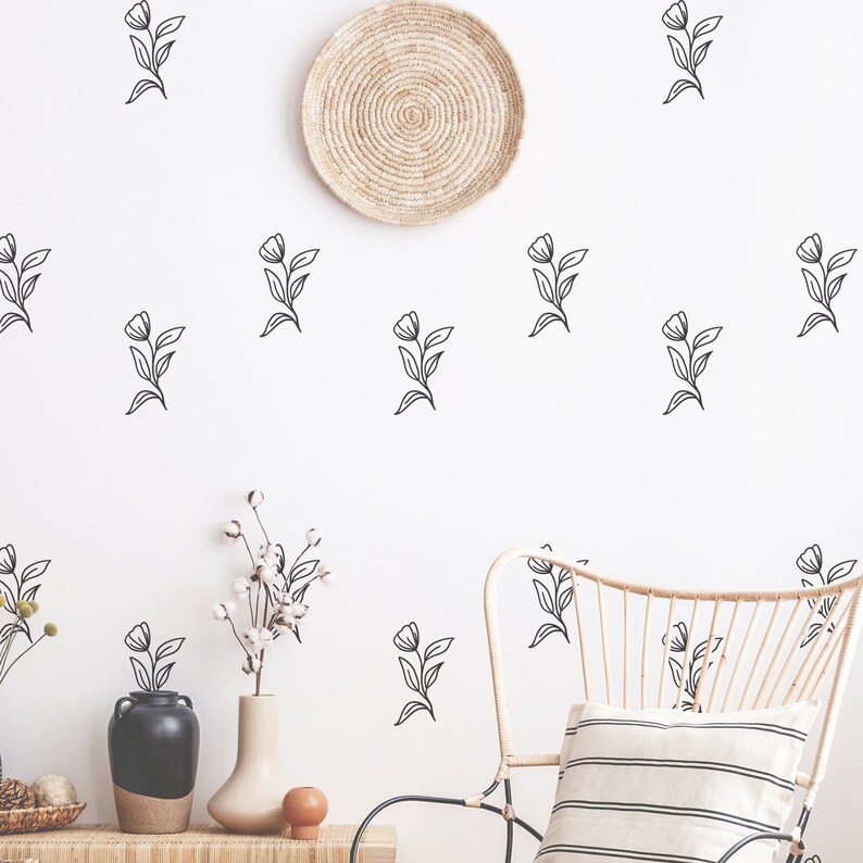 Botanical Wall Decals - Modern Vinyl Decal Set, Flower Blossoms, Leaf ...