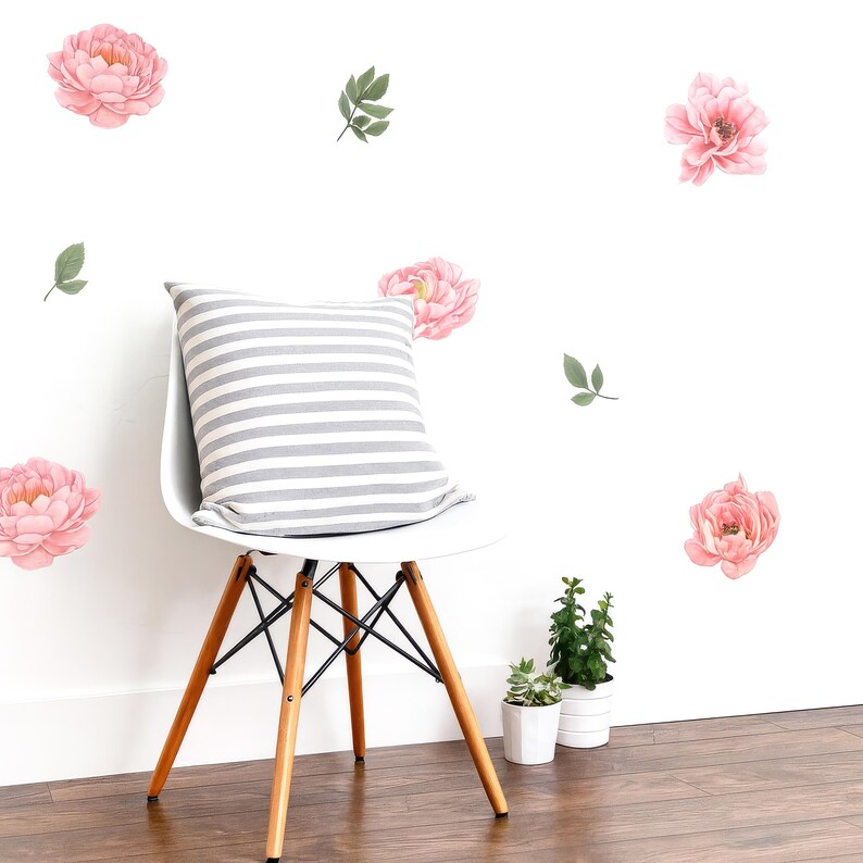 Pink Peony Wall Decals, Watercolor Floral Nursery Stickers, Peel ...
