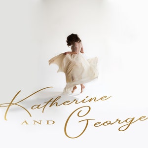 May include: A woman in a white dress twirls with her back to the camera. The text "Katherine and George" is written in gold script below her.