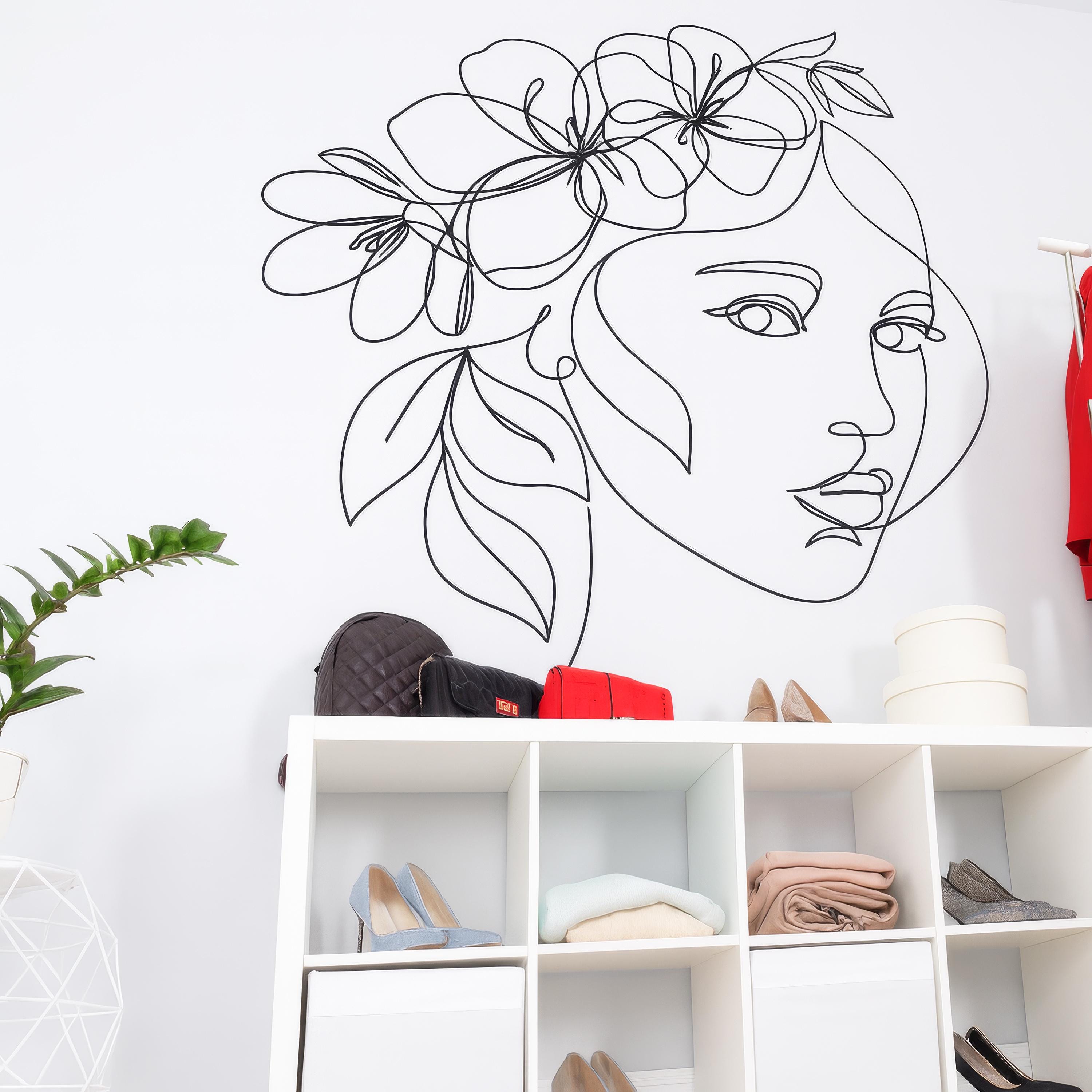 Large Minimalist Floral Face Line Art Wall Decal, Woman Portrait Vinyl ...