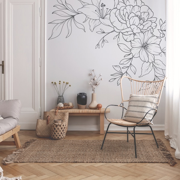 Minimal Line Drawing Flowers Corner Wall Decals, Accent Wall Floral Line Drawing, Focal Wall Artwork, Apartment Décor, Bedroom Artwork 1217