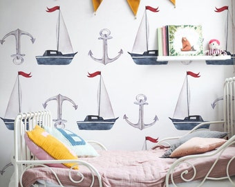 Sailboats and Anchors Wall Decals | Red White Blue Boys Bedroom | Playroom Decor | Sailing theme | Nautical Wall Murals | Free Shipping 194