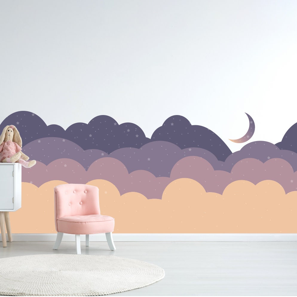 Stary Night Nursery Wall Mural, Clouds and Moon Wall Decal, Nursery ...