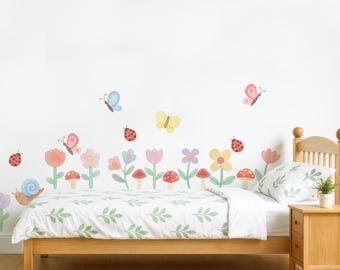 Woodland Garden Wall Decals Set, Watercolor Flowers + Bugs, Mushrooms Snails Ladybugs Butterflies, Nursery Playroom Decor