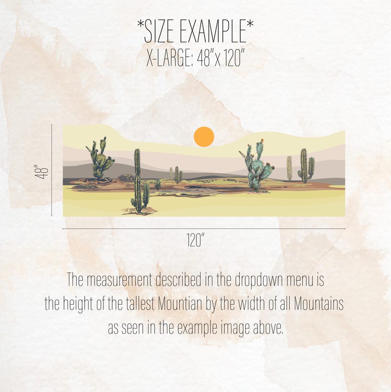 K&ouml;nnte beinhalten: Ein Wandaufkleber mit W&uuml;stenlandschaft, Kakteen, H&uuml;geln und einer Sonne. Text: *SIZE EXAMPLE* X-LARGE: 48" x 120". Das im Dropdown-Men&uuml; beschriebene Ma&szlig; ist die H&ouml;he des h&ouml;chsten Berges mal die Breite aller Berge, wie im Bild zu sehen.