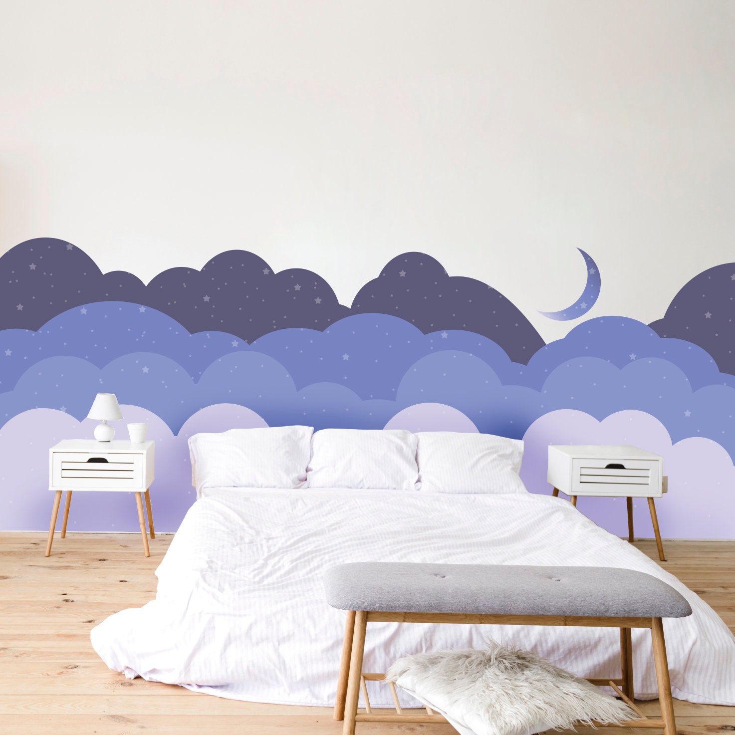 Stary Night Nursery Wall Mural, Clouds and Moon Wall Decal, Nursery ...