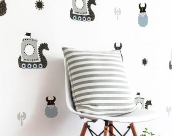 Vikings Wall Decals, Scandinavian Nursery Decor, Norse Wall Stickers, Viking Ship & Warriors, Boys Room Playroom Decor, 44 Piece Set