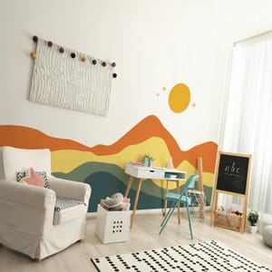 Boho Earthy Mountain Wave Wall Mural Decal, Abstract Sunset Landscape Vinyl Sticker, Nursery Bedroom Living Room Decor, 7 Sizes