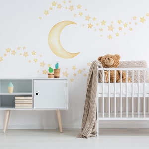 Watercolor Crescent Moon and Stars Decals | Moon and Stars Wall Decals | Starry Sky | Nursery Kids Rooms Decor | Wall Murals | Free Shipping