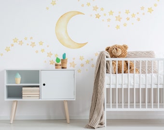 Watercolor Crescent Moon and Stars Decals | Moon and Stars Wall Decals | Starry Sky | Nursery Kids Rooms Decor | Wall Murals | Free Shipping