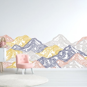 Colorful Mountain Landscape Wall Mural, Nursery and Playroom Woodland Wall Mural, Removable Wall Art Apartment, Peel and Stick Wallpaper