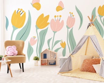 Flowers and Leaves Wall Decal Set, Decorative Tulips Flowers Stickers, Abstract Modern Flowers in Pastel Colors, Kids Cute Decor 1097