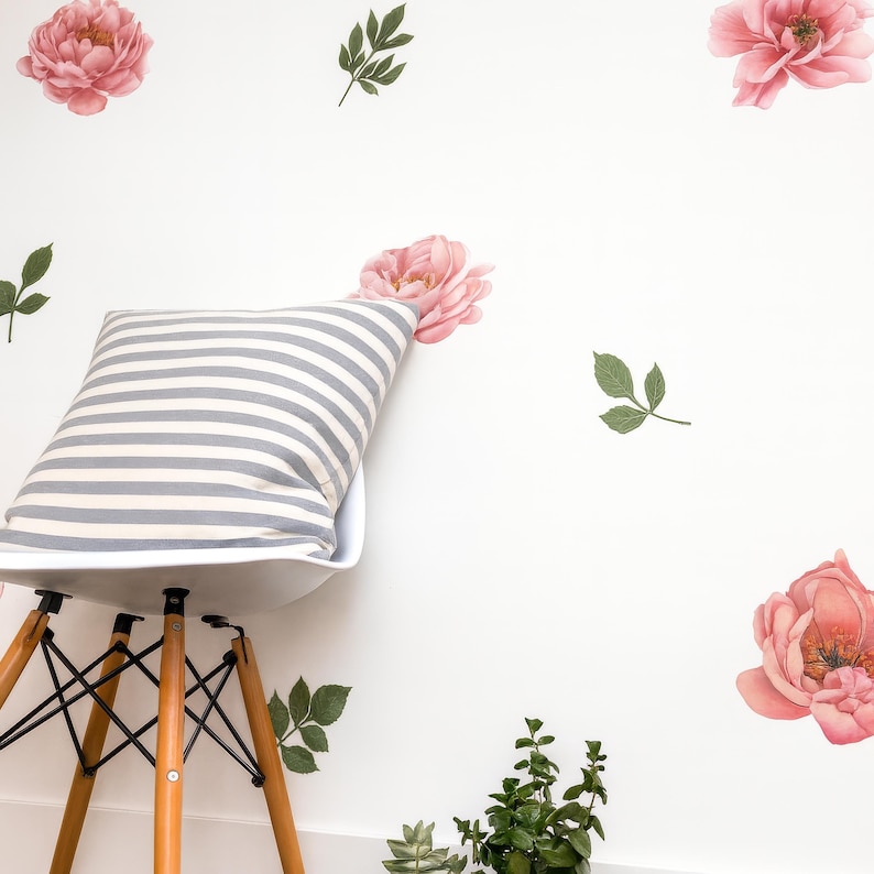Pink Peony Wall Decals, Watercolor Floral Nursery Stickers, Peel ...
