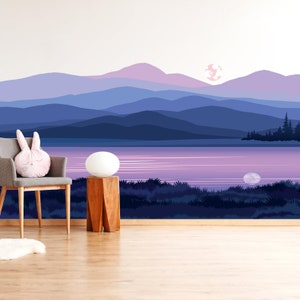 Colorful Mountain and Lake Landscape Wall Mural, Nursery and Playroom Woodland and Lake Wall Mural, Removable Wall Art Apartment, Peel Stick