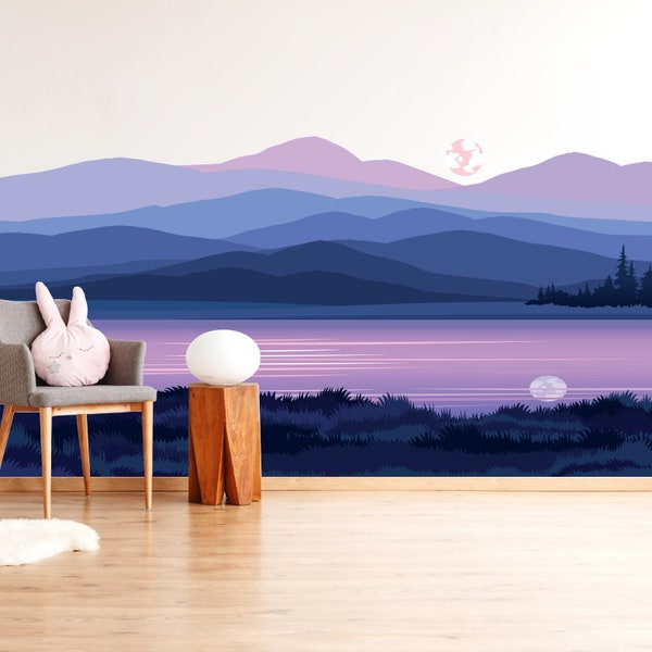 Colorful Mountain and Lake Landscape Wall Mural, Nursery and Playroom Woodland and Lake Wall Mural, Removable Wall Art Apartment, Peel Stick