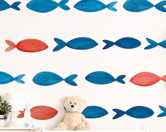 School van vissen muur sticker voor kwekerij | Aquarel vis muurstickers | Dieren van het zeeleven | Slaapkamer kinderkamer aangepaste vinyl kunst sticker