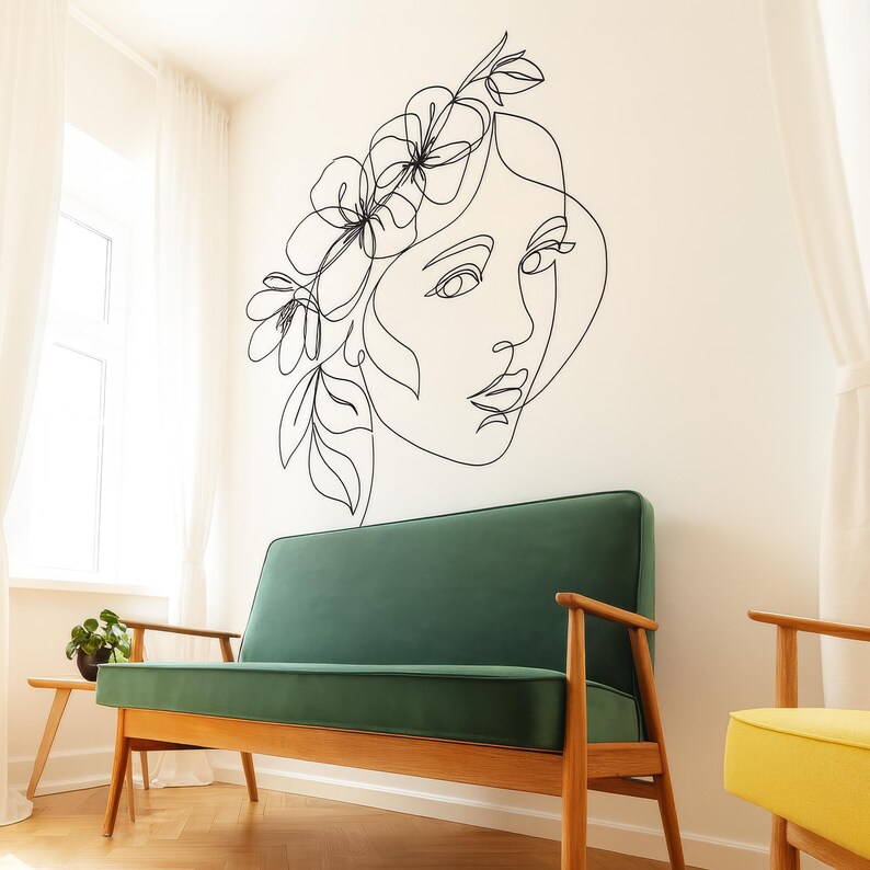 Large Minimalist Floral Face Line Art Wall Decal, Woman Portrait Vinyl ...