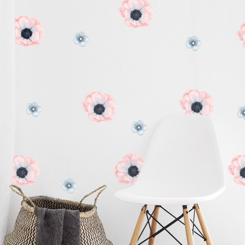 Pink Flowers Wall Decals Blue Pastel Nursery Decor Girls Etsy