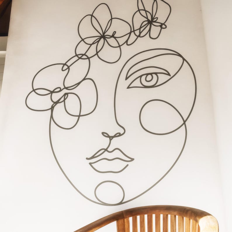 Boho Line Art Face Wall Decal, Floral Woman Face Vinyl Sticker ...
