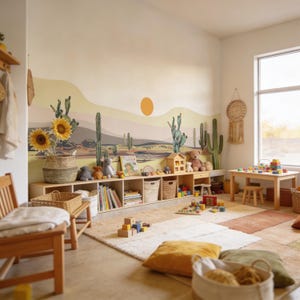 K&ouml;nnte beinhalten: Ein Wandbild mit W&uuml;stenmotiv, das eine gelbe Sonne, sanfte H&uuml;gel und verschiedene Kakteen in Gr&uuml;n- und Braunt&ouml;nen zeigt. Das Wandbild befindet sich &uuml;ber einem langen Aufbewahrungsm&ouml;bel aus hellem Holz, das mit B&uuml;chern, K&ouml;rben und Spielzeug gef&uuml;llt ist.
