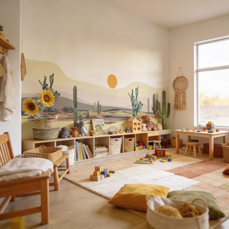 K&ouml;nnte beinhalten: Ein Wandbild mit W&uuml;stenmotiv, das eine gelbe Sonne, sanfte H&uuml;gel und verschiedene Kakteen in Gr&uuml;n- und Braunt&ouml;nen zeigt. Das Wandbild befindet sich &uuml;ber einem langen Aufbewahrungsm&ouml;bel aus hellem Holz, das mit B&uuml;chern, K&ouml;rben und Spielzeug gef&uuml;llt ist.
