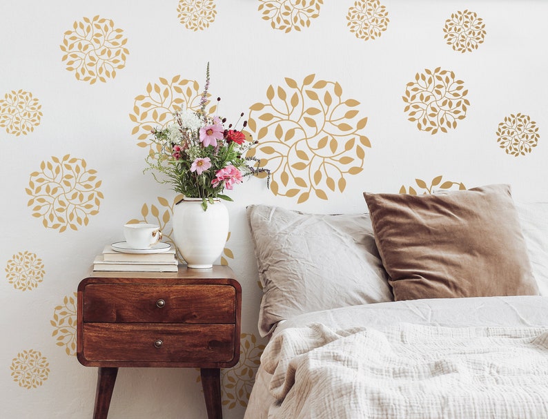 Bohemian Flowers Pattern Wall Decals, Abstract Flower Wall Decal, Snowflake Wall Décor, Apartment Wall Art, Abstract Modern Circular Art 387 image 1