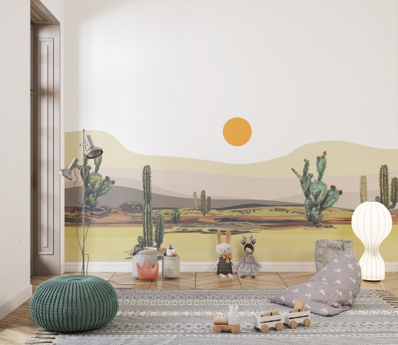 Desert Landscape in Vintage Retro Colors with Cactus Wall Mural, Nursery Playroom Rolling Hill Wall Mural, Removable Wall Art Apartment 46
