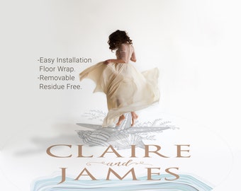 May include: A round, light blue and white patterned rug with the text "CLAIRE and JAMES" in brown lettering. A woman in a white dress is standing on the rug, with her back to the camera, and her dress is flowing in the air.