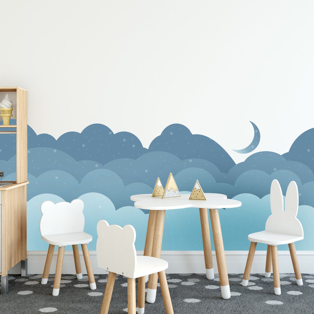 Stary Night Nursery Wall Mural, Clouds and Moon Wall Decal, Nursery ...
