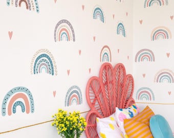 Boho Rainbow Wall Decals, Pastel Nursery Rainbow Stickers, Peel & Stick Kids Room Decor, 18 Rainbow Set + 54 Hearts